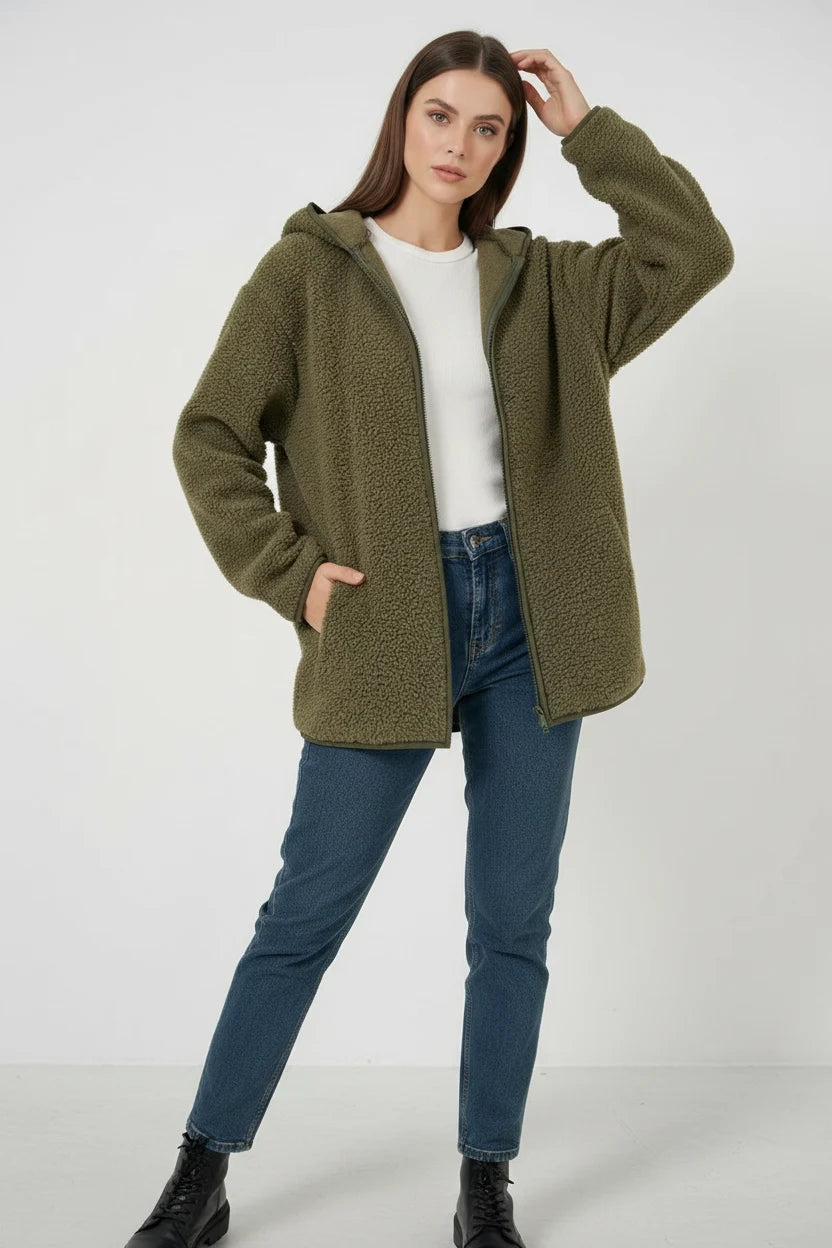 Kadın Kapüşonlu Oversize Haki Ceket