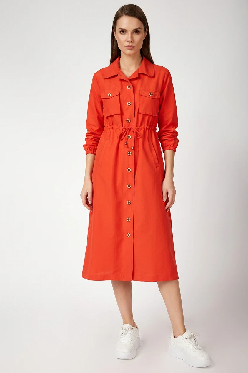 Kadın Gömlek Yaka Beli Büzgülü Önden Düğmeli Nar Tesettür Trenchcoat