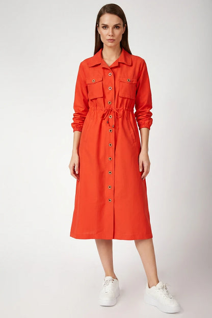 Kadın Gömlek Yaka Beli Büzgülü Önden Düğmeli Nar Tesettür Trenchcoat