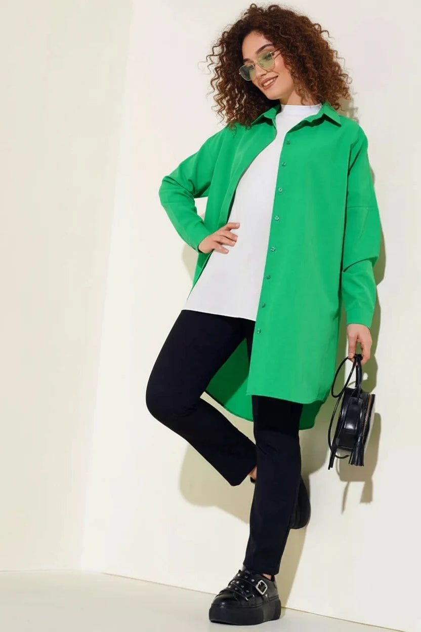 Kadın Gömlek Yaka Düğmeli Basic Pamuklu Yeşil Tesettür Tunik