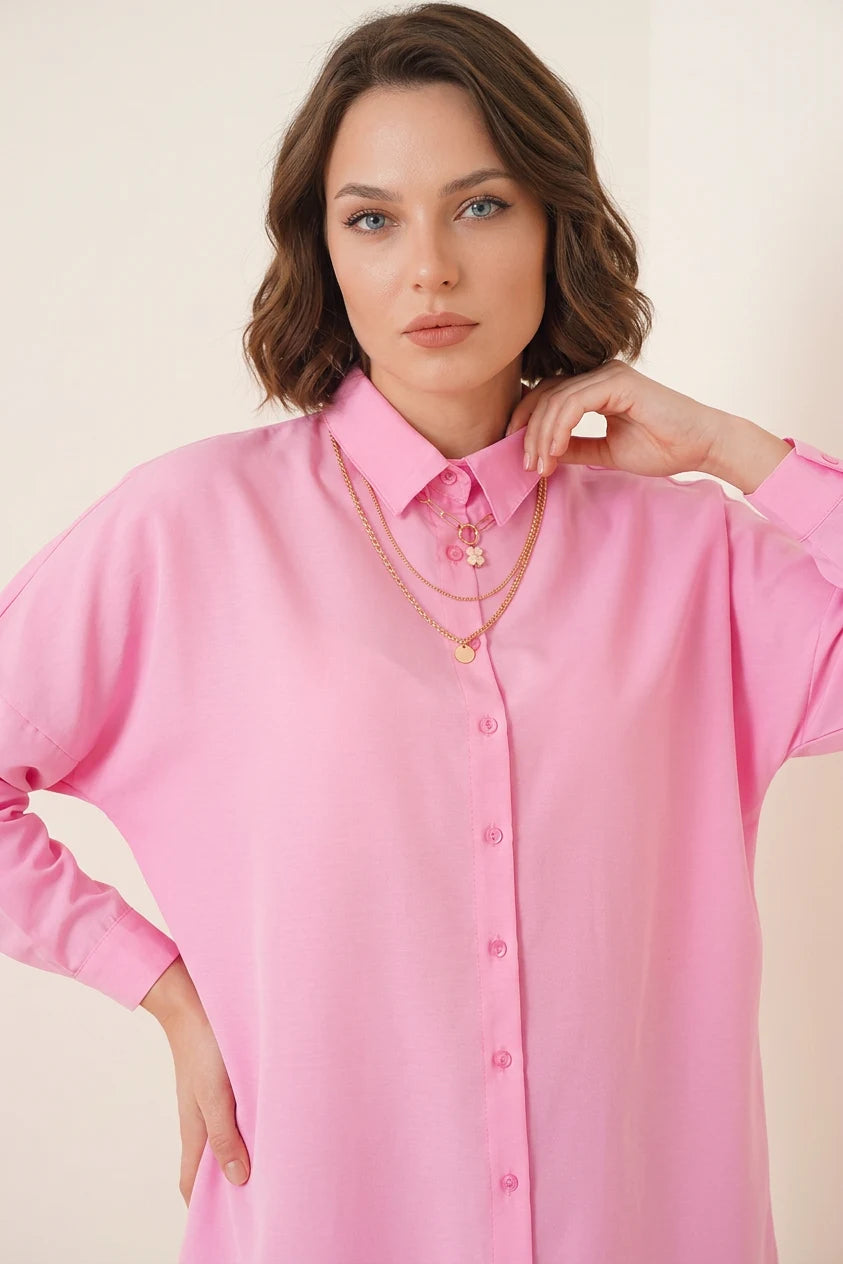 Kadın Gömlek Yaka Düğmeli Basic Pamuklu Pembe Tesettür Tunik