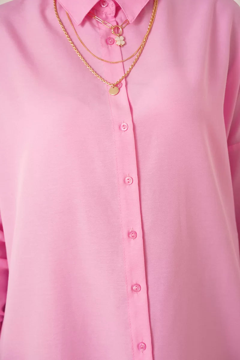 Kadın Gömlek Yaka Düğmeli Basic Pamuklu Pembe Tesettür Tunik