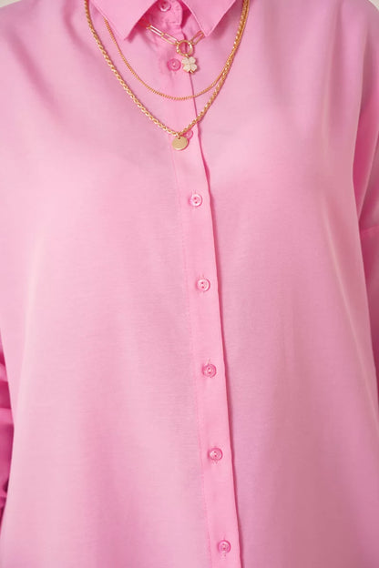 Kadın Gömlek Yaka Düğmeli Basic Pamuklu Pembe Tesettür Tunik