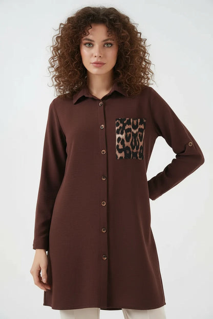 Kadın Gömlek Yaka Leopar Desenli Cep Tunik
