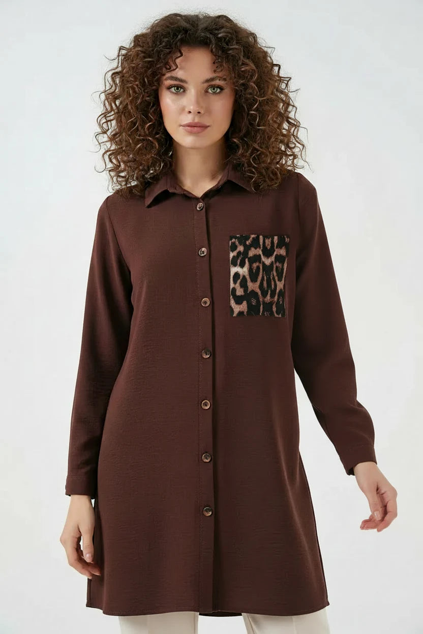 Kadın Gömlek Yaka Leopar Desenli Cep Tunik