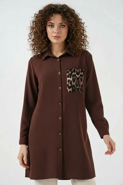 Kadın Gömlek Yaka Leopar Desenli Cep Tunik