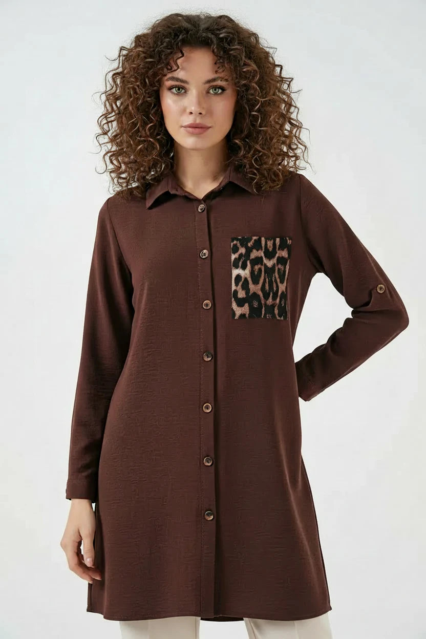 Kadın Gömlek Yaka Leopar Desenli Cep Tunik