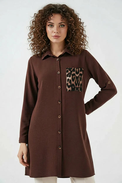 Kadın Gömlek Yaka Leopar Desenli Cep Tunik