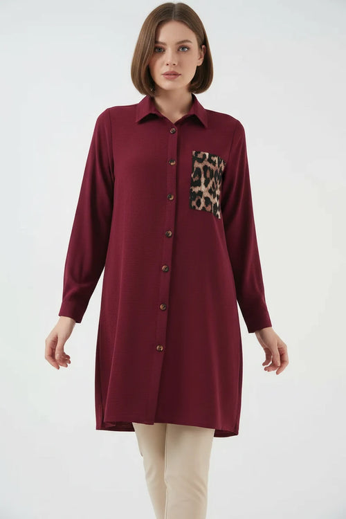 Kadın Gömlek Yaka Leopar Desenli Cep Tunik
