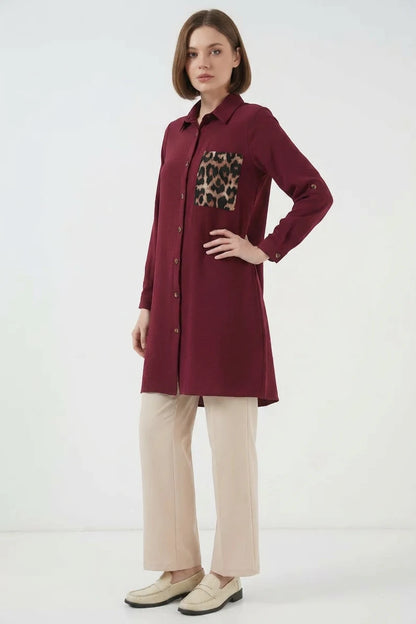 Kadın Gömlek Yaka Leopar Desenli Cep Tunik