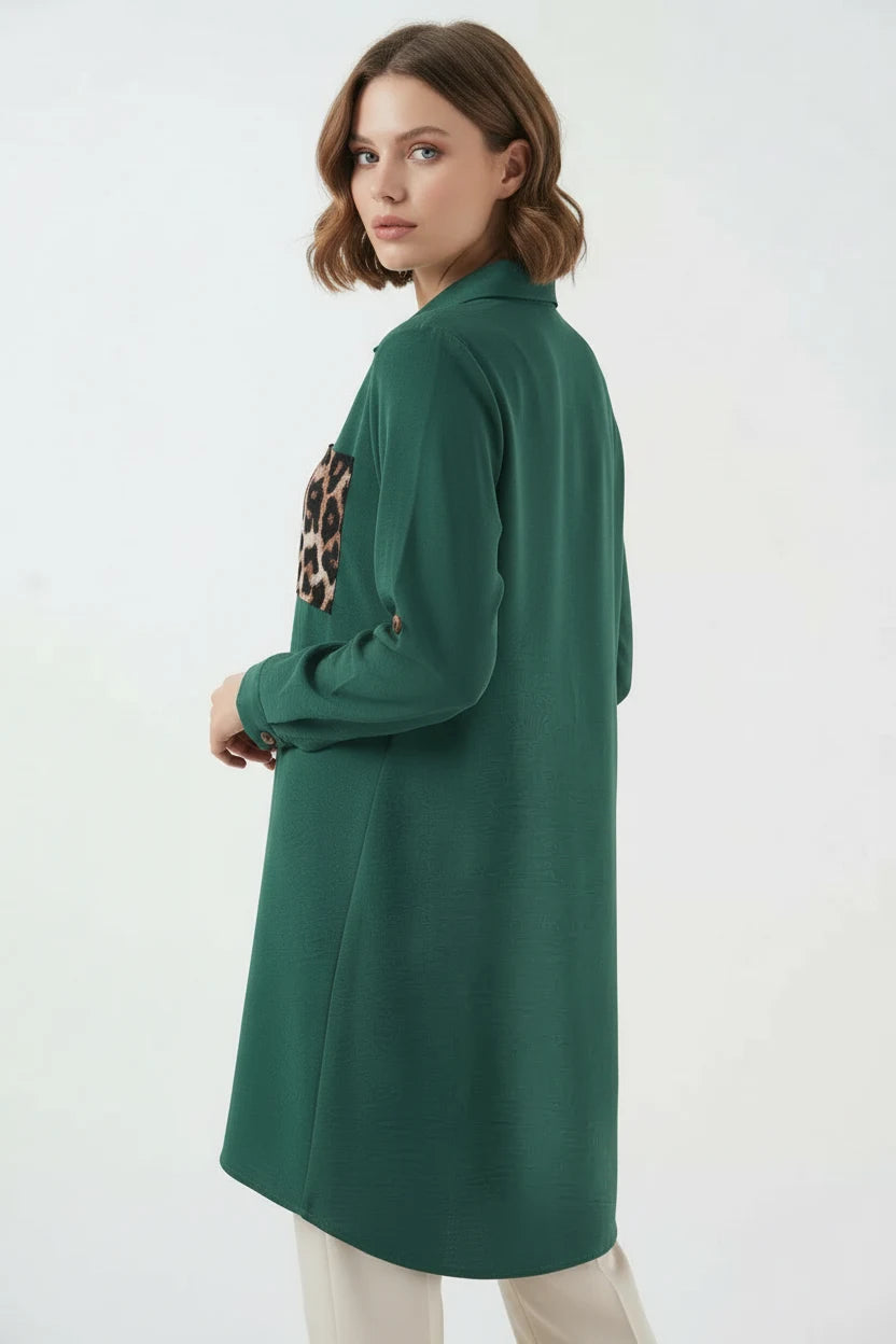 Kadın Gömlek Yaka Leopar Desenli Cep Tunik