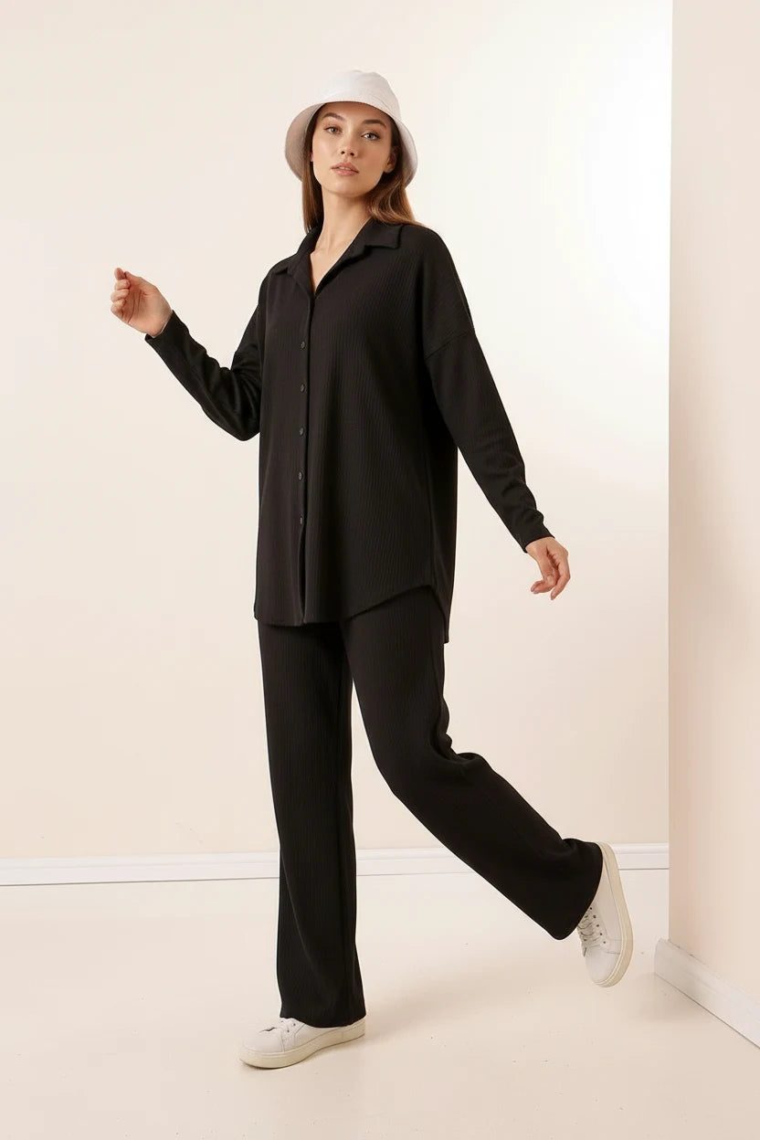 Kadın Gömlek Yaka Düğmeli Oversize İkili Takım