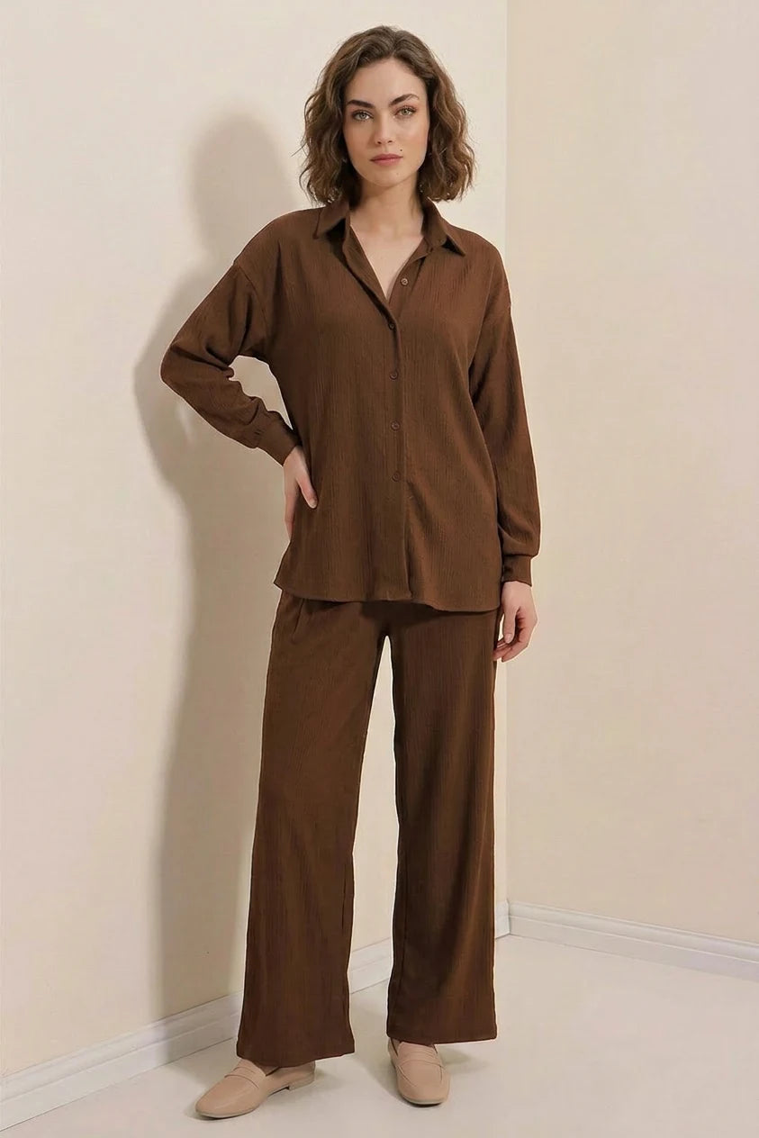 Kadın Gömlek Yaka Düğmeli Oversize İkili Takım