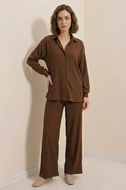 Kadın Gömlek Yaka Düğmeli Oversize İkili Takım