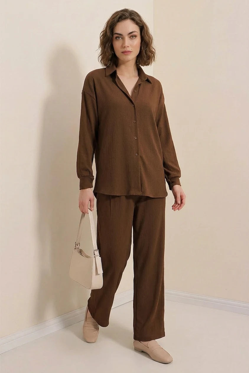 Kadın Gömlek Yaka Düğmeli Oversize İkili Takım