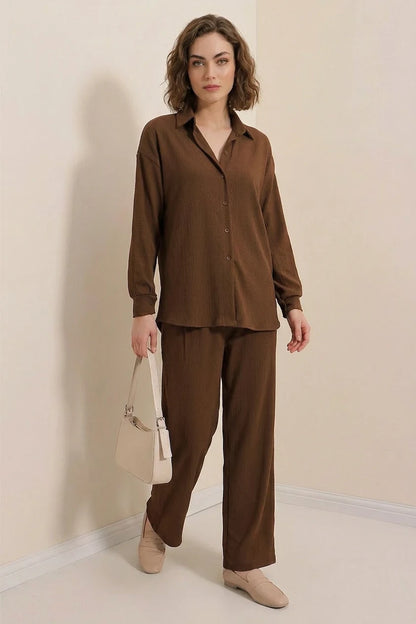 Kadın Gömlek Yaka Düğmeli Oversize İkili Takım