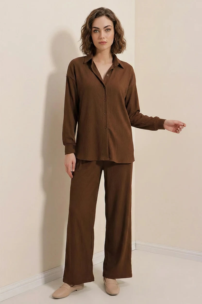 Kadın Gömlek Yaka Düğmeli Oversize İkili Takım