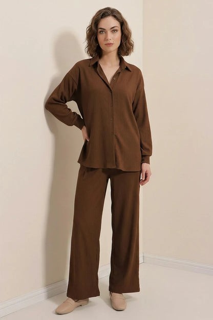 Kadın Gömlek Yaka Düğmeli Oversize İkili Takım