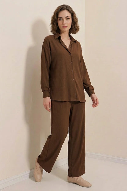 Kadın Gömlek Yaka Düğmeli Oversize İkili Takım