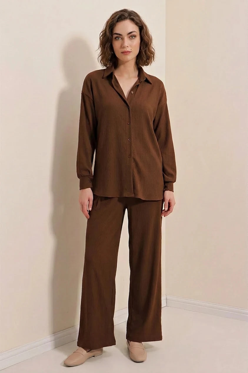Kadın Gömlek Yaka Düğmeli Oversize İkili Takım
