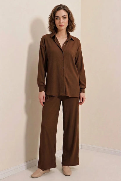 Kadın Gömlek Yaka Düğmeli Oversize İkili Takım