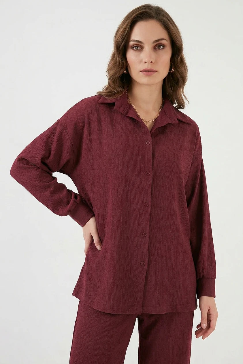 Kadın Gömlek Yaka Düğmeli Oversize İkili Takım