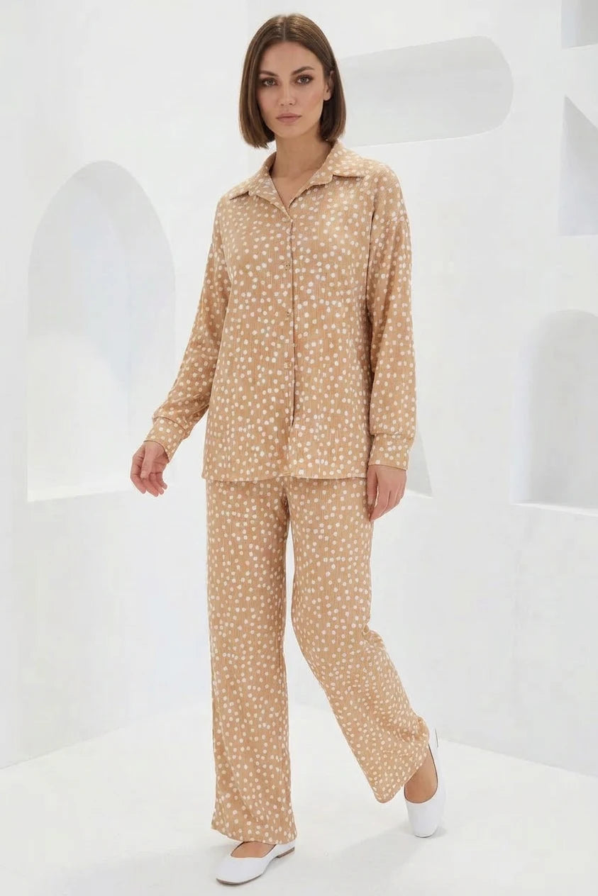Kadın Gömlek Yaka Oversize Puantiyeli İkili Takım