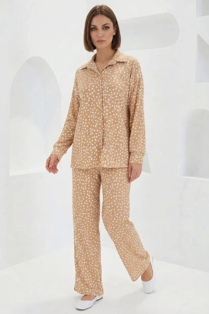 Kadın Gömlek Yaka Oversize Puantiyeli İkili Takım