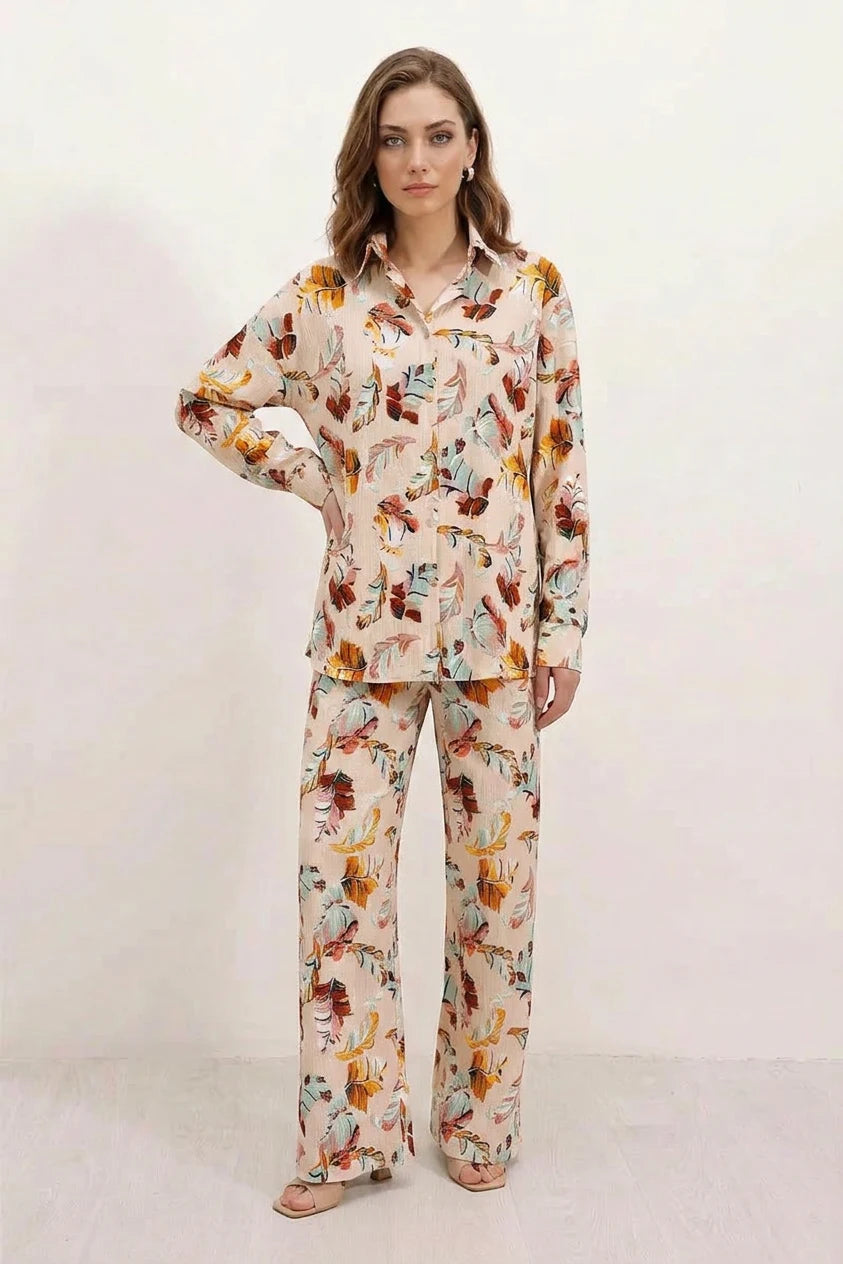 Kadın Gömlek Yaka Oversize Çiçek Desenli Krem İkili Takım