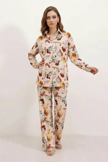 Kadın Gömlek Yaka Oversize Çiçek Desenli Krem İkili Takım