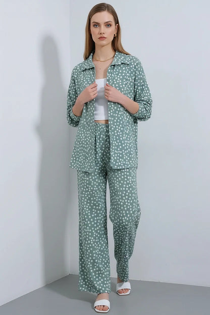 Kadın Gömlek Yaka Oversize Puantiyeli İkili Takım