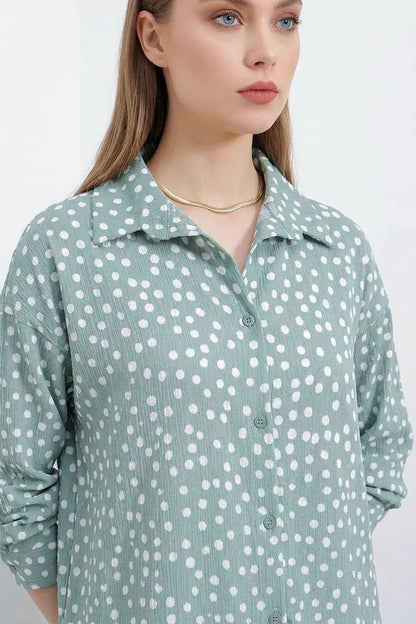 Kadın Gömlek Yaka Oversize Puantiyeli İkili Takım