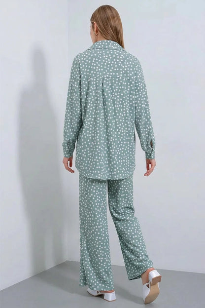 Kadın Gömlek Yaka Oversize Puantiyeli İkili Takım