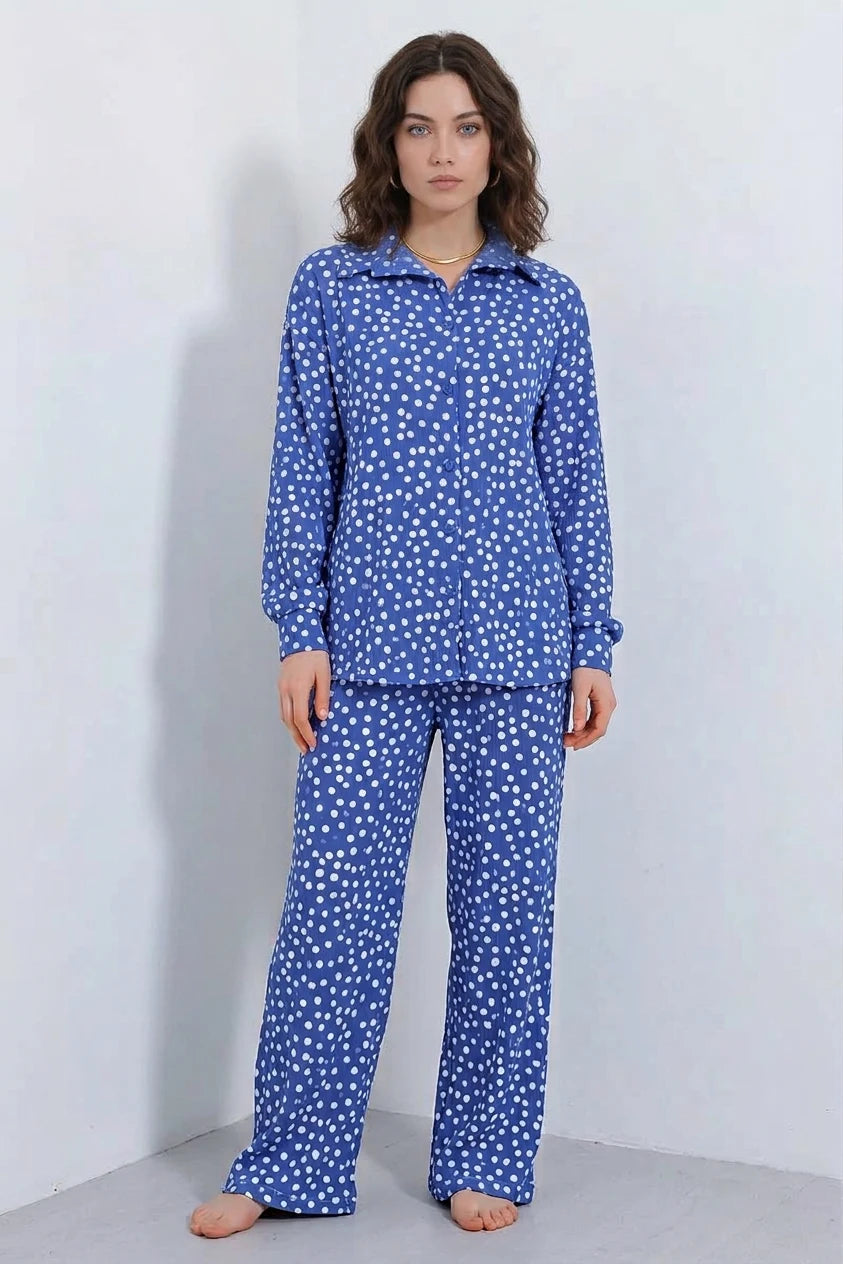 Kadın Gömlek Yaka Oversize Puantiyeli İkili Takım