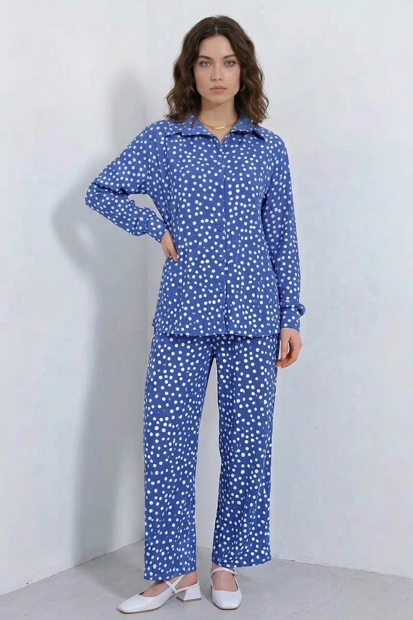 Kadın Gömlek Yaka Oversize Puantiyeli İkili Takım
