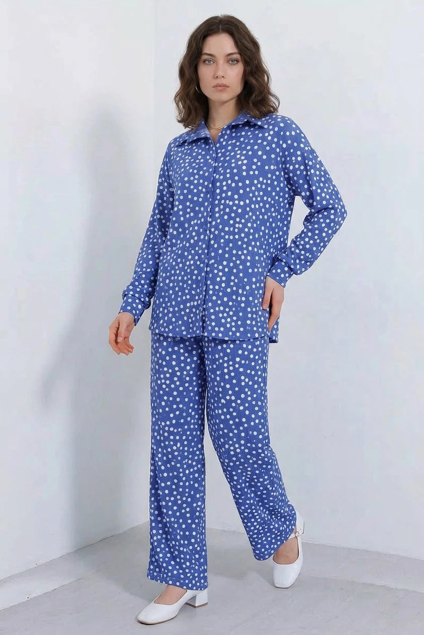 Kadın Gömlek Yaka Oversize Puantiyeli İkili Takım