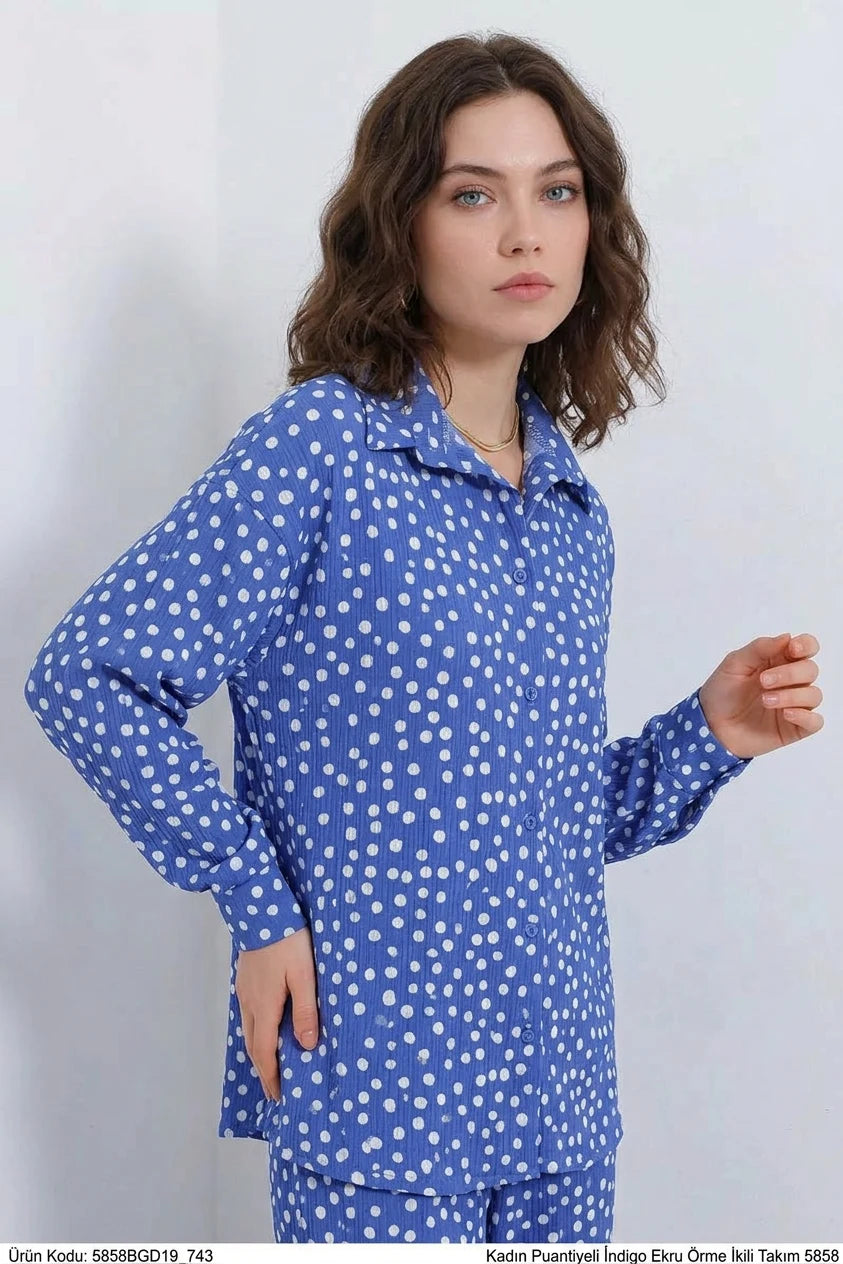 Kadın Gömlek Yaka Oversize Puantiyeli İkili Takım