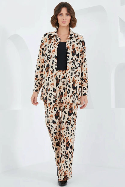 Kadın Gömlek Yaka Oversize Leopar Desenli Krem İkili Takım