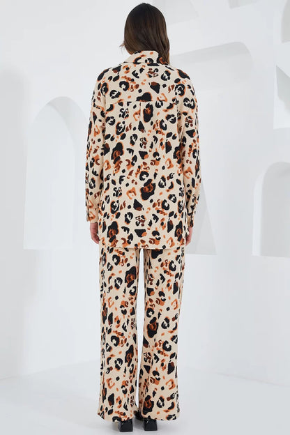 Kadın Gömlek Yaka Oversize Leopar Desenli Krem İkili Takım