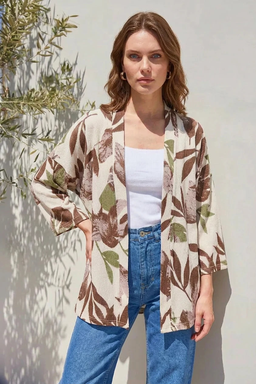 Kadın Yaka Çiçek Desenli Haki Kimono