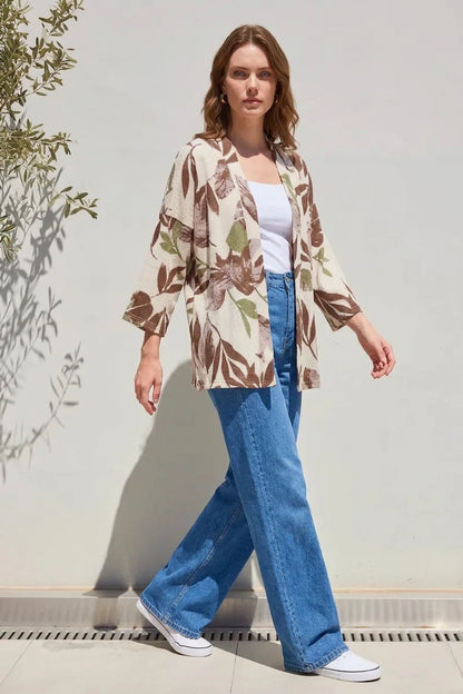 Kadın Yaka Çiçek Desenli Haki Kimono