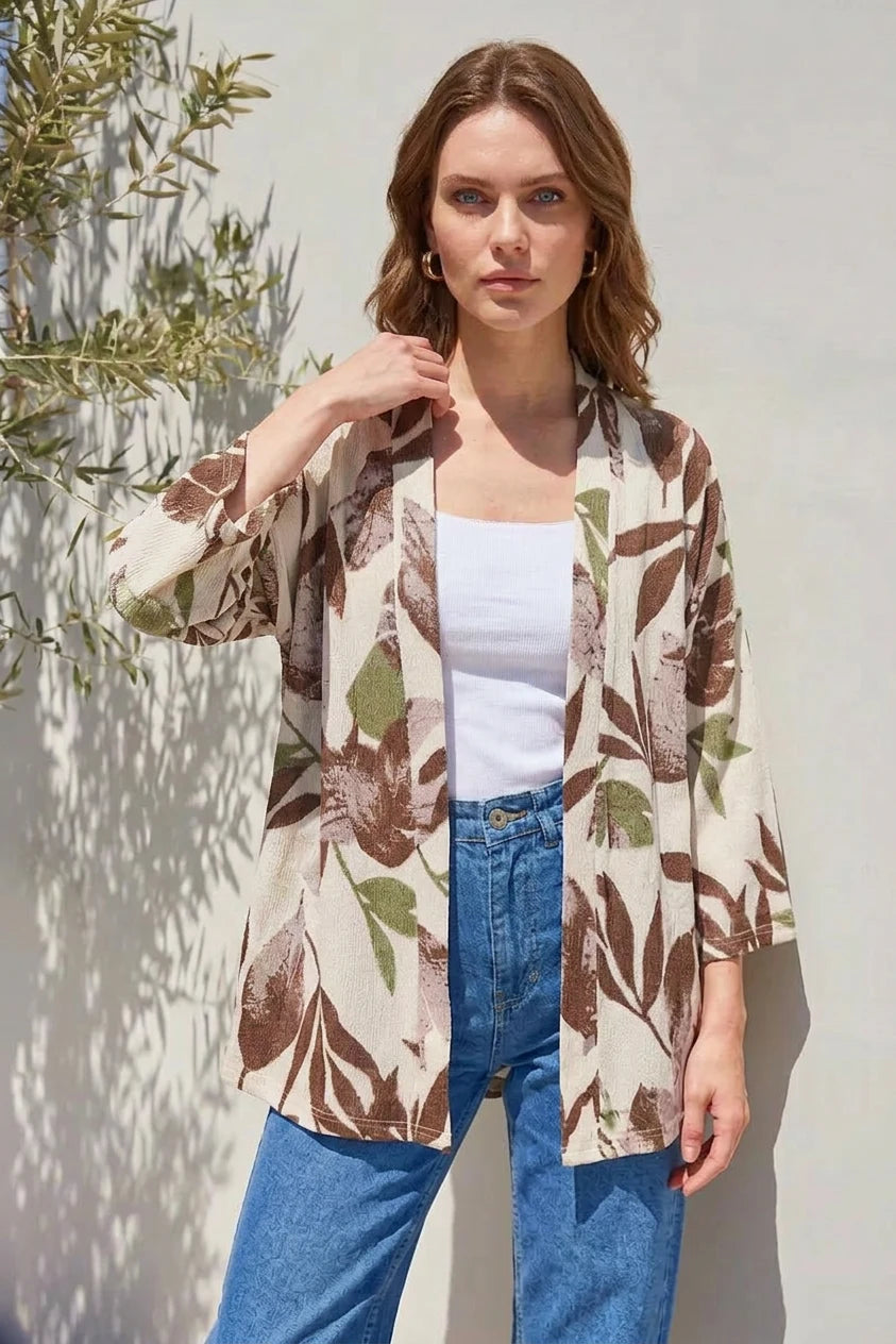 Kadın Yaka Çiçek Desenli Haki Kimono