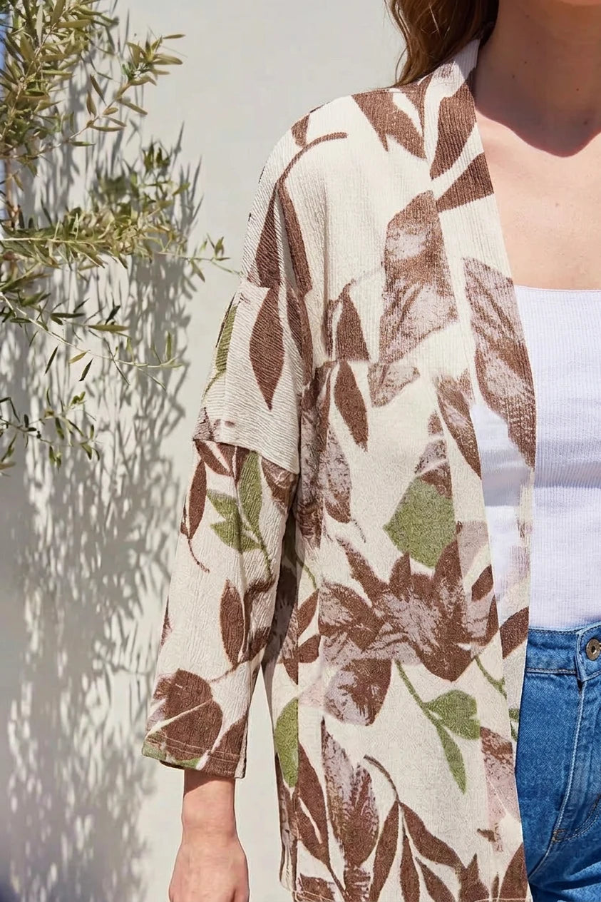 Kadın Yaka Çiçek Desenli Haki Kimono