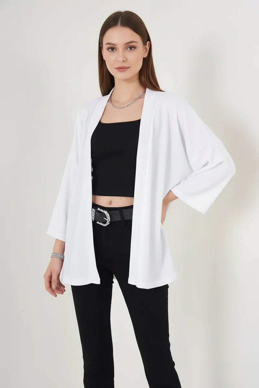 Kadın Bisiklet Yaka Düşük Omuzlu Beyaz Kimono