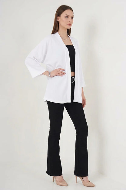 Kadın Bisiklet Yaka Düşük Omuzlu Beyaz Kimono