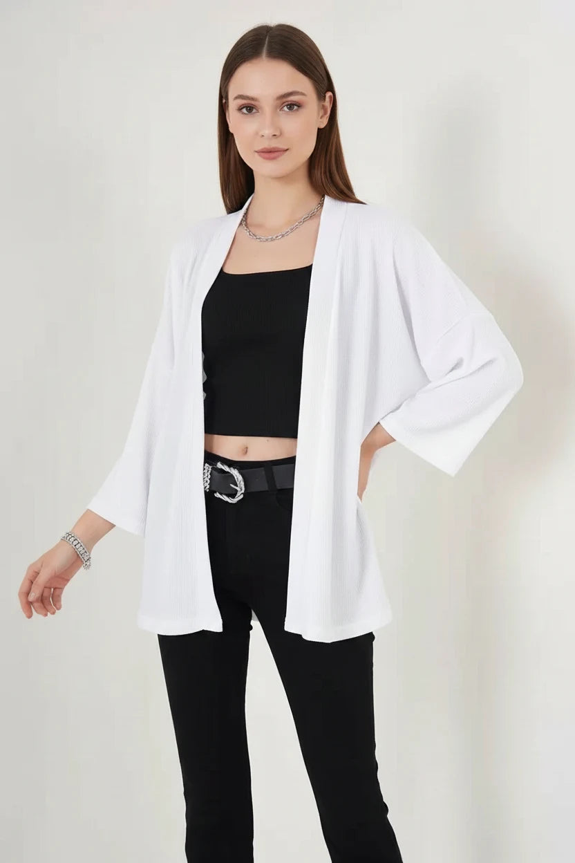 Kadın Bisiklet Yaka Düşük Omuzlu Beyaz Kimono