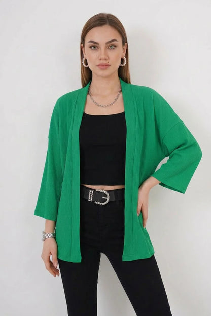 Kadın Yaka Dikey Fitilli Yeşil Kimono