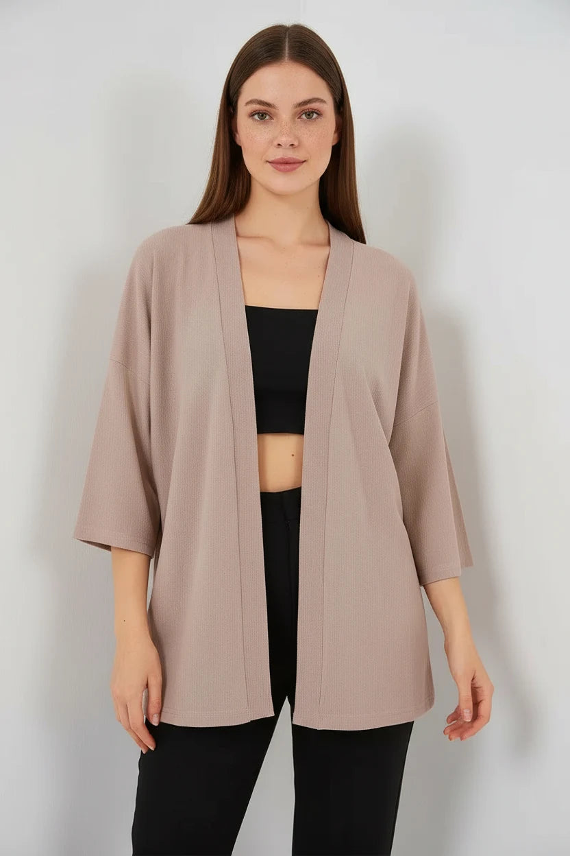 Kadın Gömlek Yaka Dökümlü Kol Bej Kimono