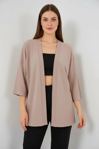 Kadın Gömlek Yaka Dökümlü Kol Bej Kimono