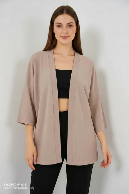 Kadın Gömlek Yaka Dökümlü Kol Bej Kimono